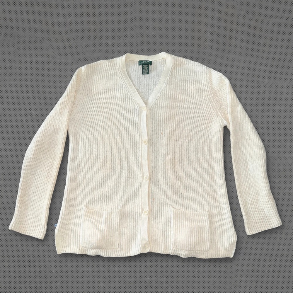 Lauren Ralph Lauren Ribbed Knit Cotton Cardigan Sweater Cream V-Neck Women's L